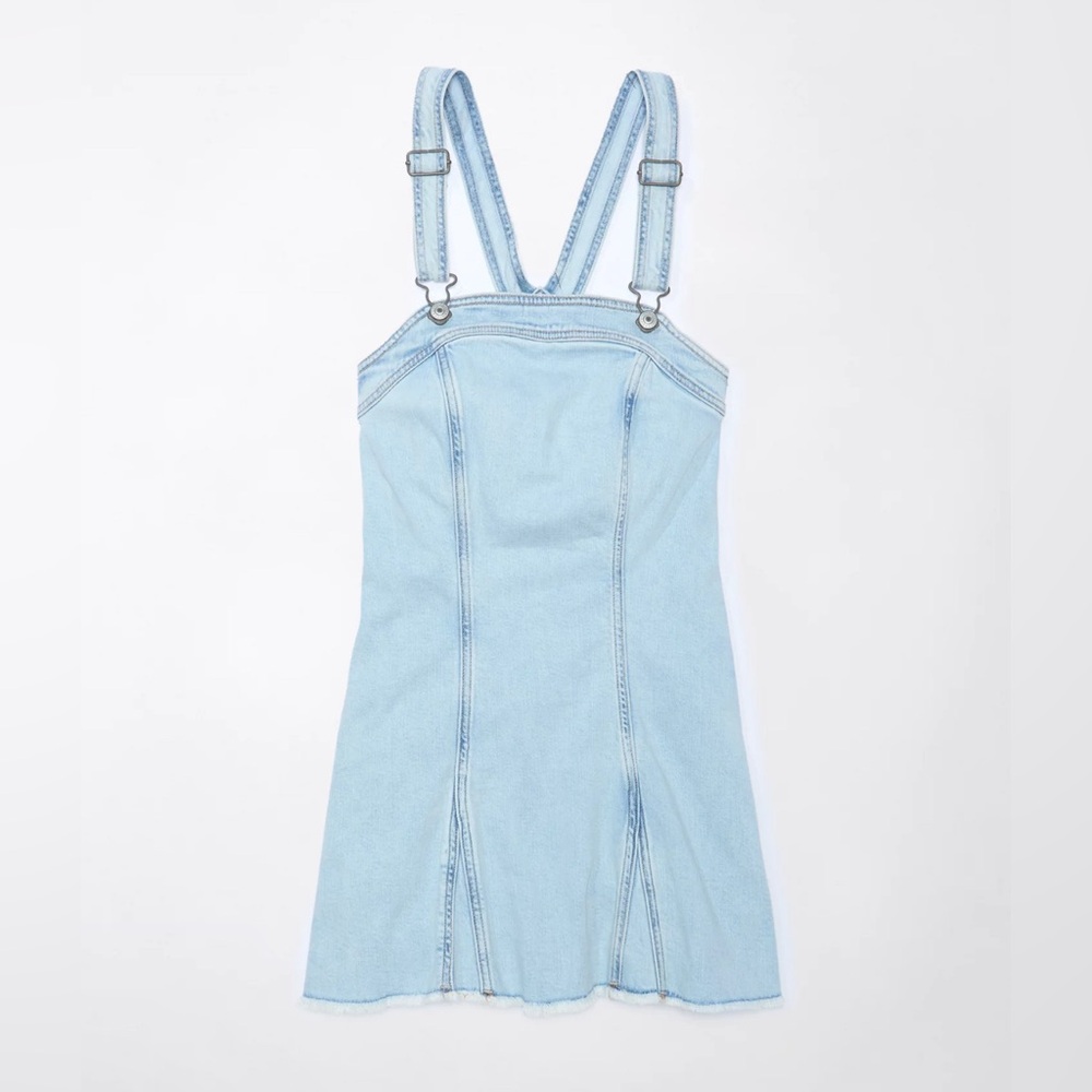 🆕 Light Wash Denim Fit & Flare Mini Dress with Adjustable Shoulder Straps - Picture 9 of 14